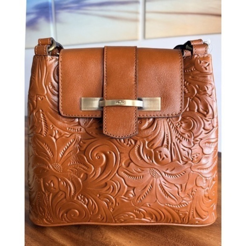 Patricia Nash Larone Tooled Leather Floral Embossed Shoulder Bag Tan Brown NWOT